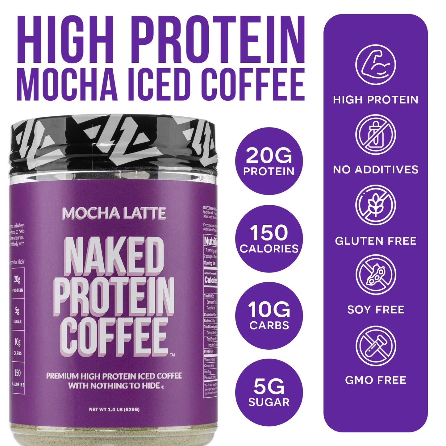 NAKED Mocha Latte Protein Coffee - Premium Instant Coffee - Protein Shake, Iced Coffee, Protein Drinks, Delicious Keto Friendly and Gluten Free, 17 Servings