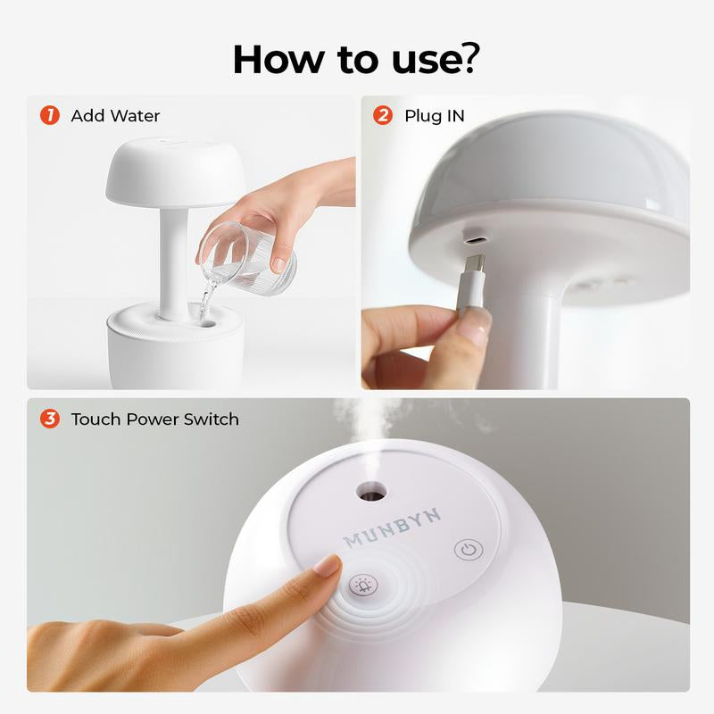 【MUNBYN Mushroom anti Gravity Humidifier】 Water Drop Humidifier with Multi Colors Night Lights for Bedroom, Home & Office, Auto Power-Off Protection with 8 Hours Battery Life, Quiet Diffuser with 38Db, Air Humidifier Gift