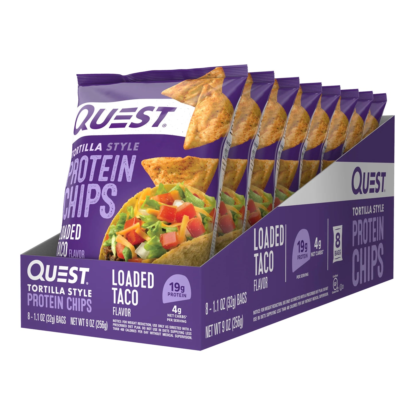 Quest Tortilla Style Protein Chips with 19G of Protein, Loaded Taco Flavor, 1.1 Oz Bags, 8 Count