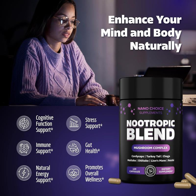 Nano Choice Nootropic Blend - Mushroom Complex Supplement for Brain, Focus, Productivity & Immune Support | Non-Gmo, Vegan, Made in USA | 120 Capsules Fitness Edible Dietary Healthcare