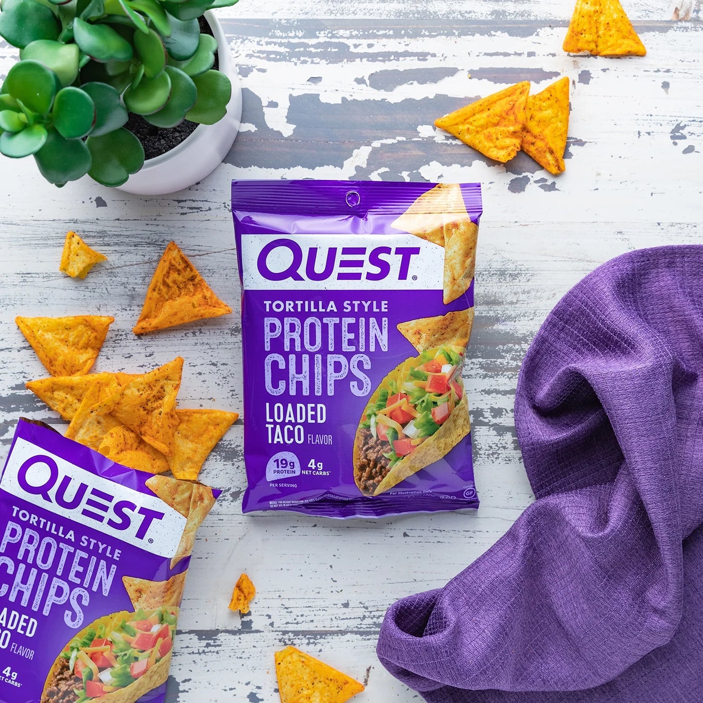 Quest Tortilla Style Protein Chips with 19G of Protein, Loaded Taco Flavor, 1.1 Oz Bags, 8 Count