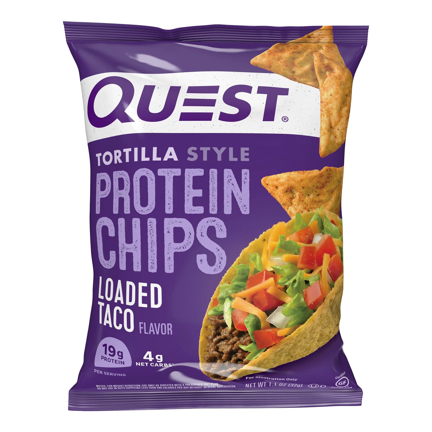 Quest Tortilla Style Protein Chips with 19G of Protein, Loaded Taco Flavor, 1.1 Oz Bags, 8 Count