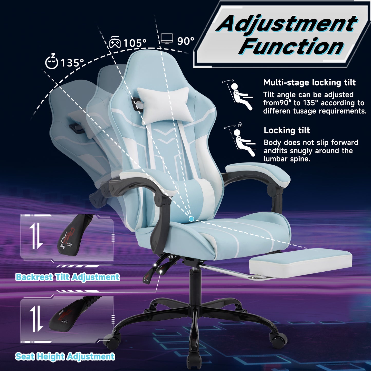 Gaming Chair, Computer Chair Ergonomic Chair With Footrest Office Chair Ergonomic Computer Chair With Lumbar Backrest Bluewhite