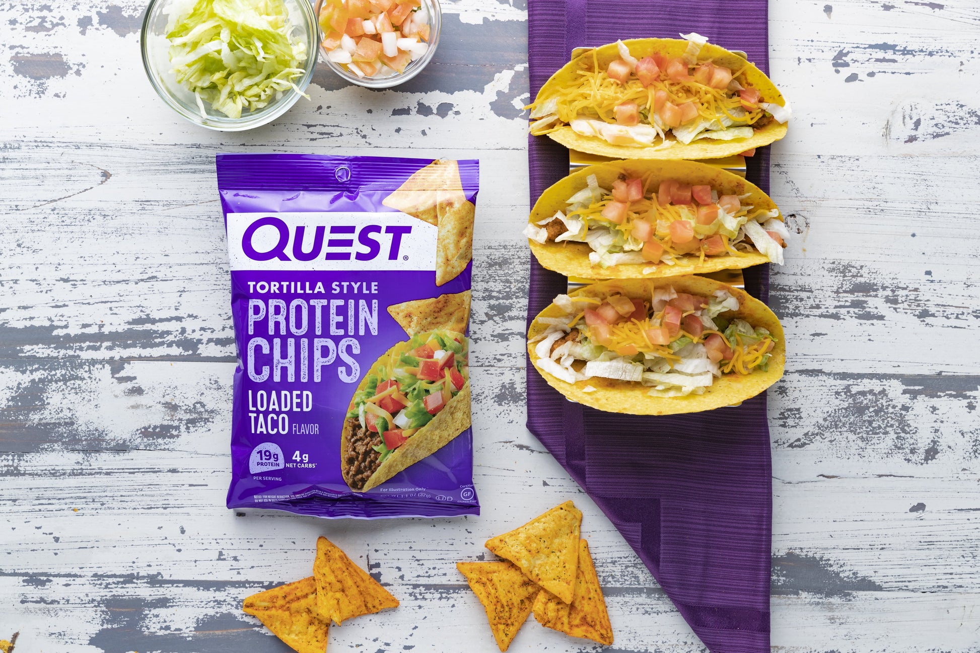 Quest Tortilla Style Protein Chips with 19G of Protein, Loaded Taco Flavor, 1.1 Oz Bags, 8 Count