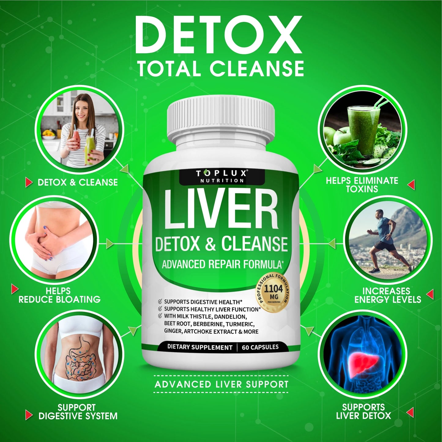 Detox Liver Cleanse Supplement Support Liver & Body Detox Milk Thistle Artichoke Extract Dandelion Root, 25+ Herbs 60 Capsules