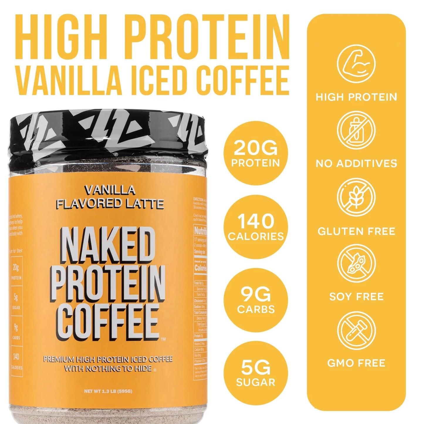 NAKED Vanilla Latte Protein Coffee - Premium Instant Coffee - Protein Shake, Iced Coffee, Protein Drinks, Delicious Keto Friendly and Gluten Free, 17 Servings