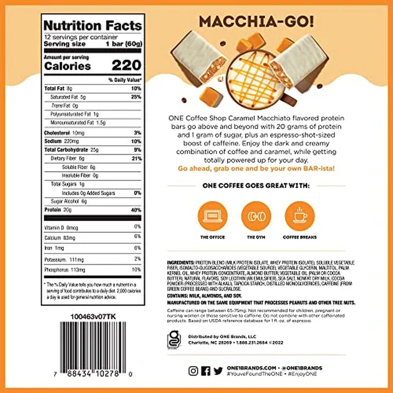 Coffee Shop Caffeinated Protein Bars, Caramel Macchiato, Gluten Free with 20G Protein and 65Mg of Caffeine Energy, Pantry Staples, 2.12 Oz (12 Count)
