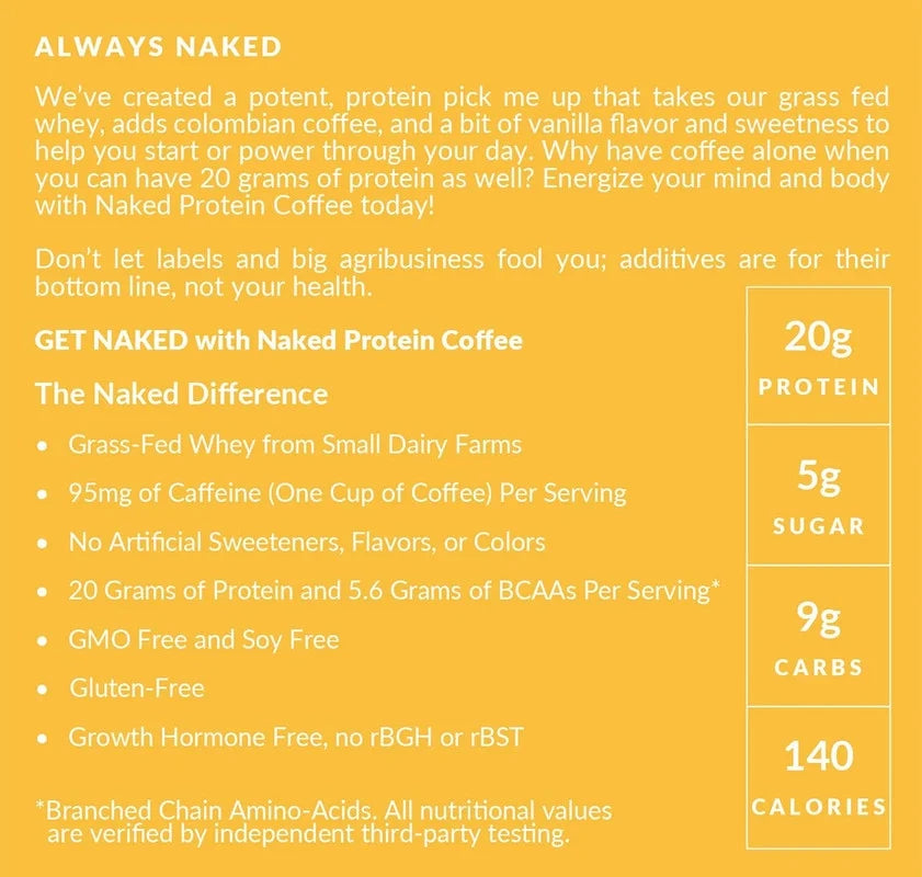 NAKED Vanilla Latte Protein Coffee - Premium Instant Coffee - Protein Shake, Iced Coffee, Protein Drinks, Delicious Keto Friendly and Gluten Free, 17 Servings