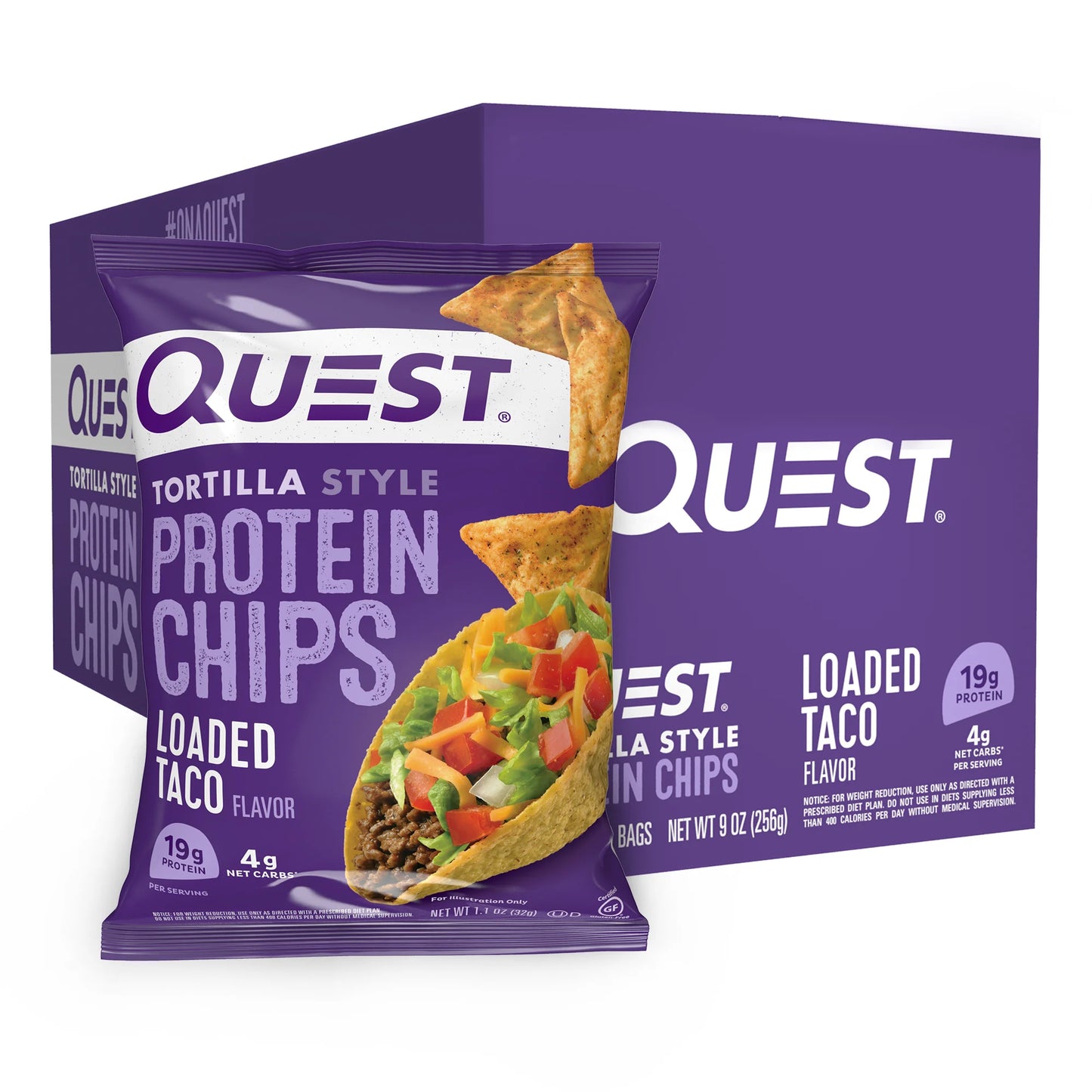 Quest Tortilla Style Protein Chips with 19G of Protein, Loaded Taco Flavor, 1.1 Oz Bags, 8 Count