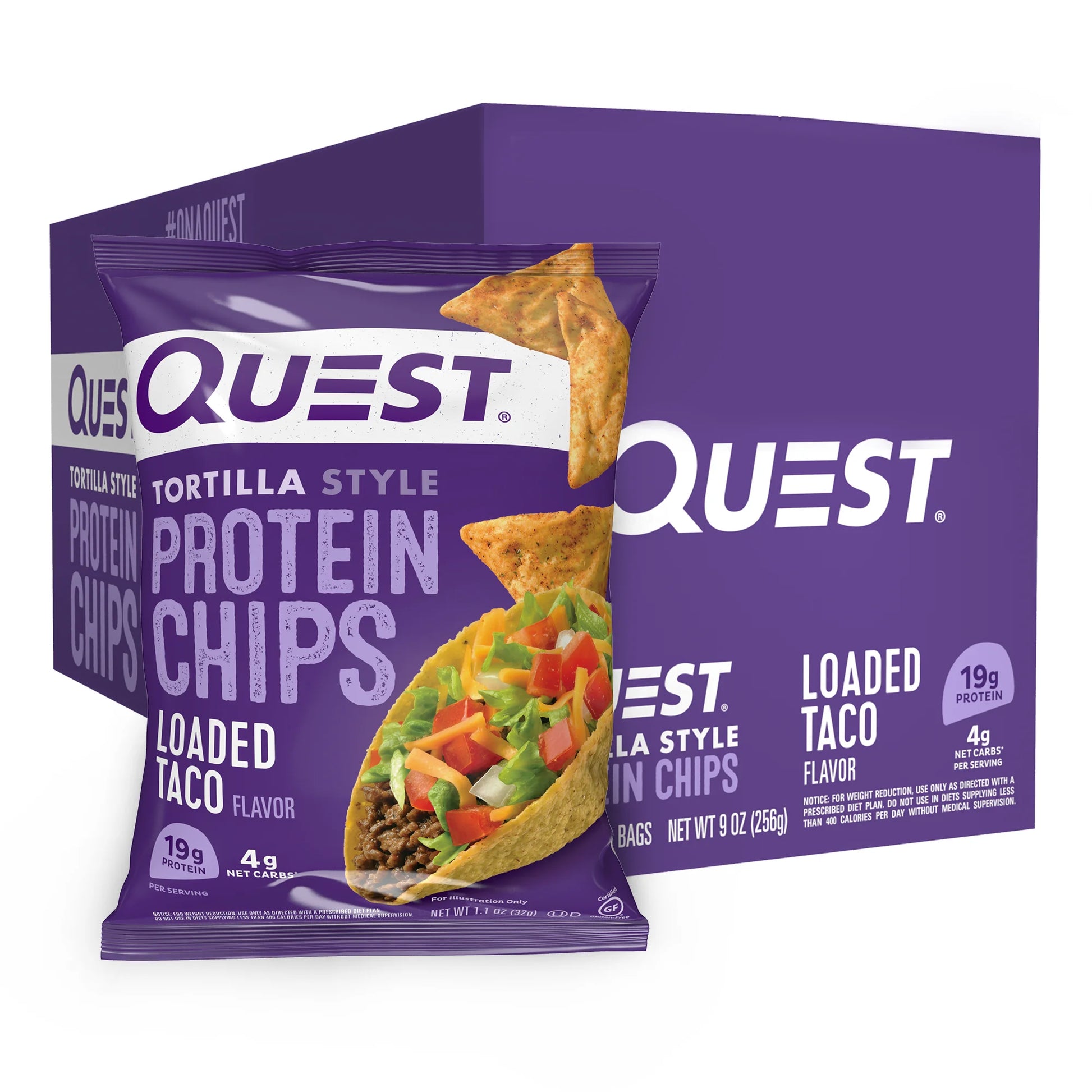 Quest Tortilla Style Protein Chips with 19G of Protein, Loaded Taco Flavor, 1.1 Oz Bags, 8 Count
