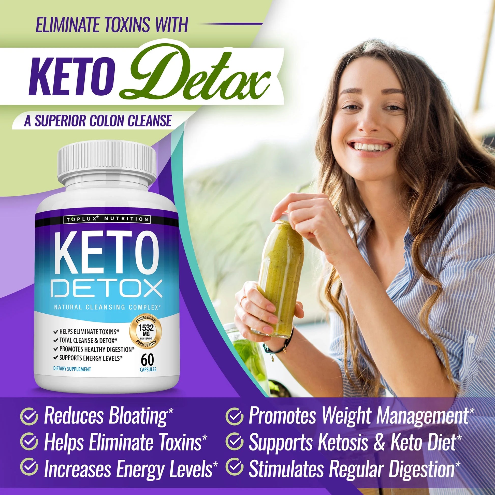 Keto Detox 1532Mg Natural Acai Colon Cleanser for Ketogenic Diet, Flush Toxins & Excess Waste Detox & Cleanse for Men and Women, 60 Capsules