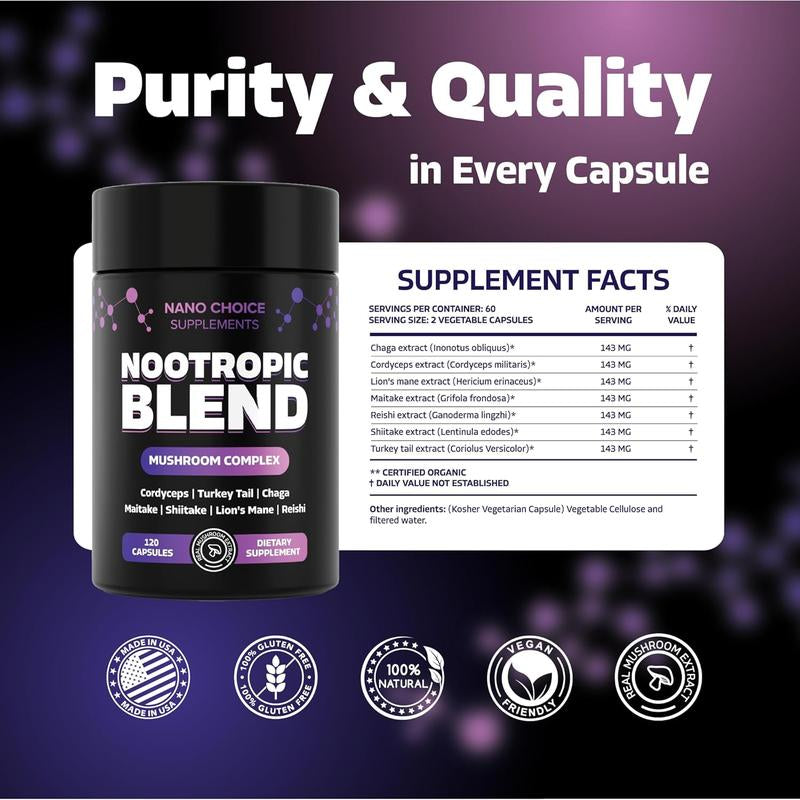 Nano Choice Nootropic Blend - Mushroom Complex Supplement for Brain, Focus, Productivity & Immune Support | Non-Gmo, Vegan, Made in USA | 120 Capsules Fitness Edible Dietary Healthcare