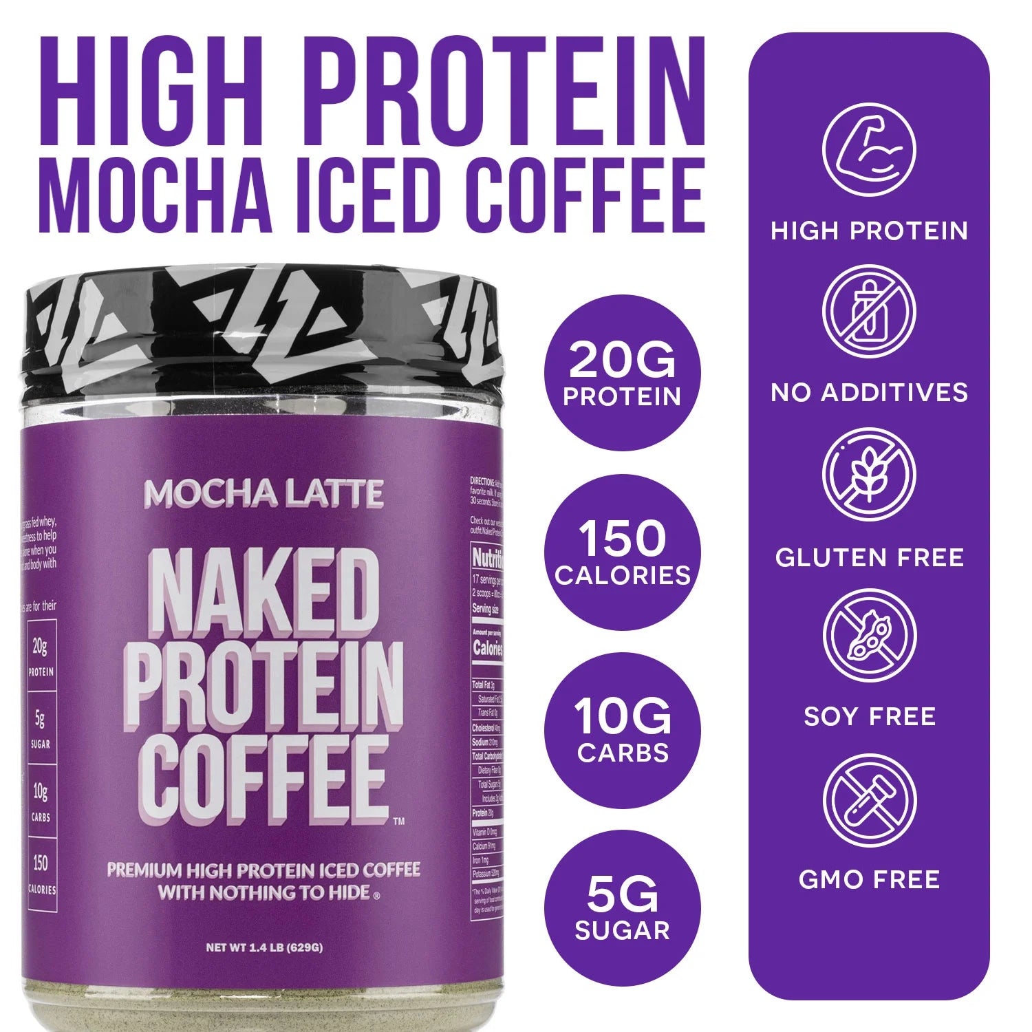 NAKED Mocha Latte Protein Coffee - Premium Instant Coffee - Protein Shake, Iced Coffee, Protein Drinks, Delicious Keto Friendly and Gluten Free, 17 Servings