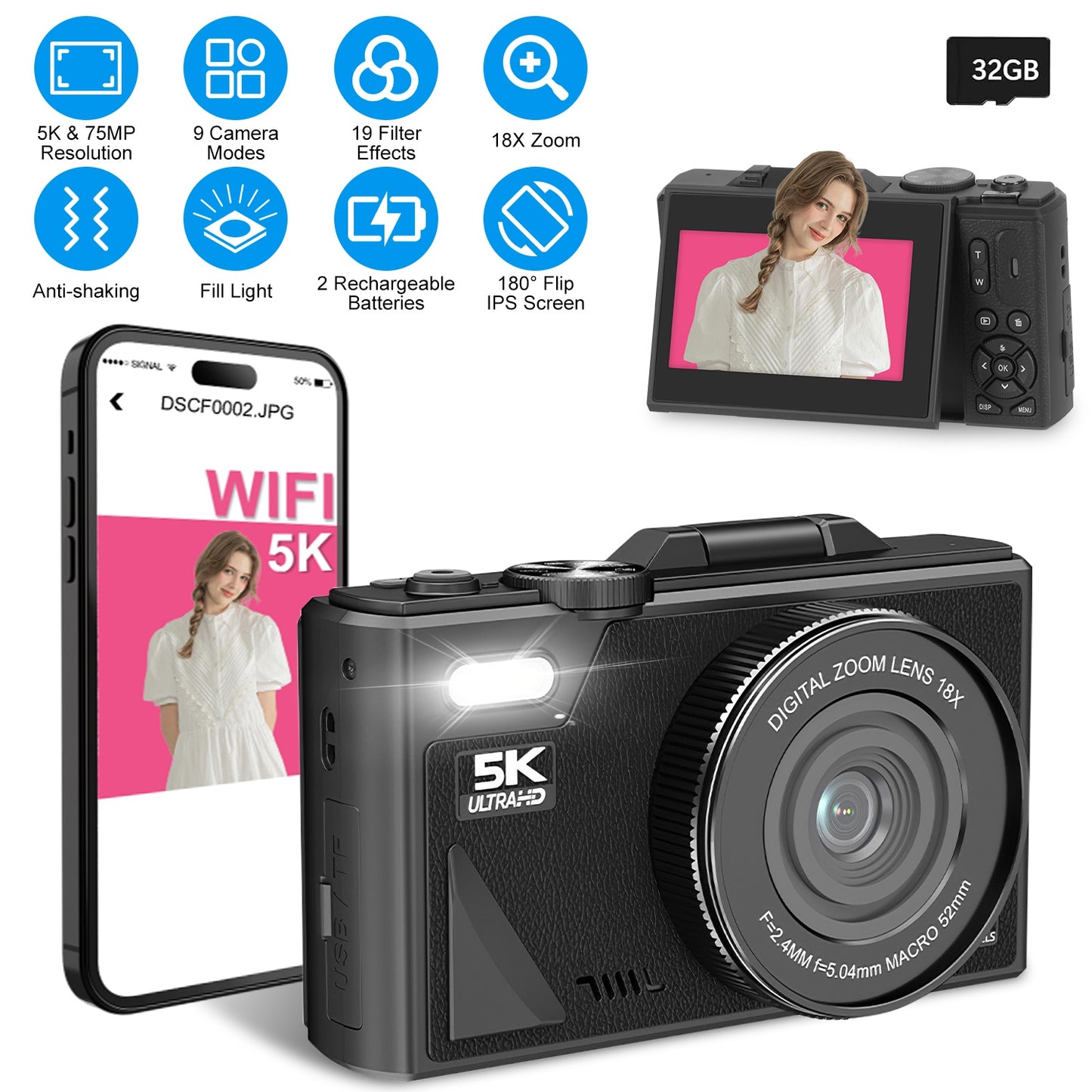 UHD 5K 75MP Digital Camera