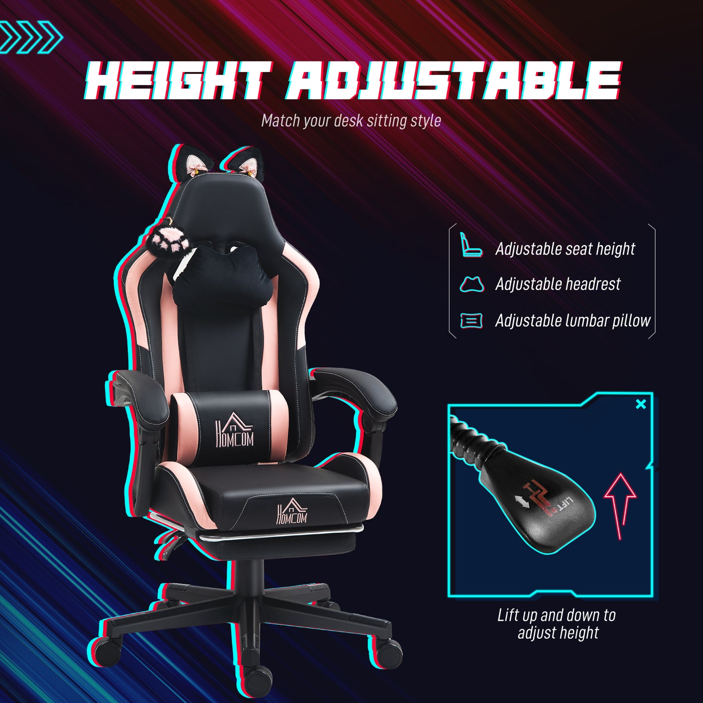 HOMCOM Cute Racing Gamer Chair, Faux Leather Gaming Chair With Footrest, Headrest And Lumbar Support, Black