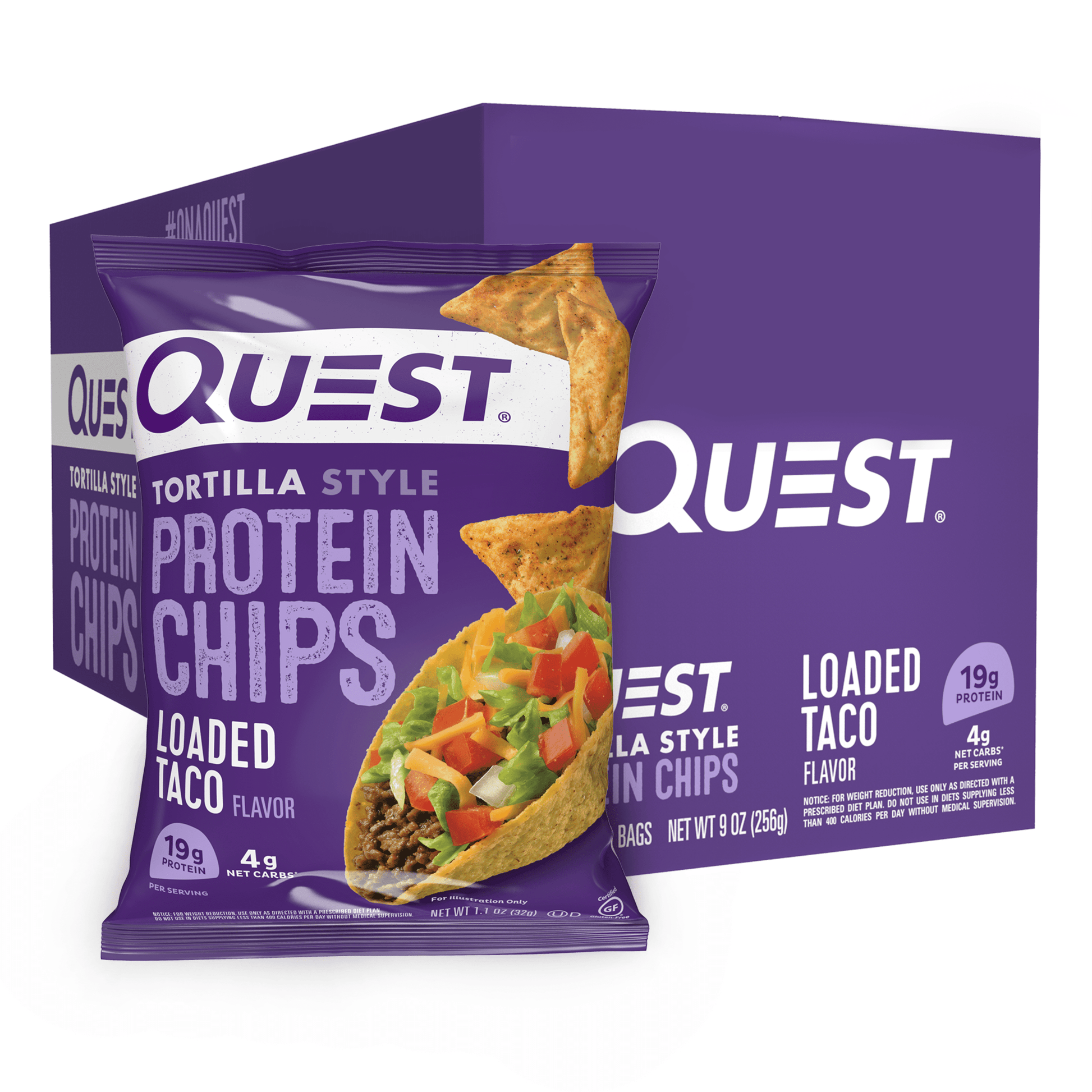 Quest Tortilla Style Protein Chips with 19G of Protein, Loaded Taco Flavor, 1.1 Oz Bags, 8 Count