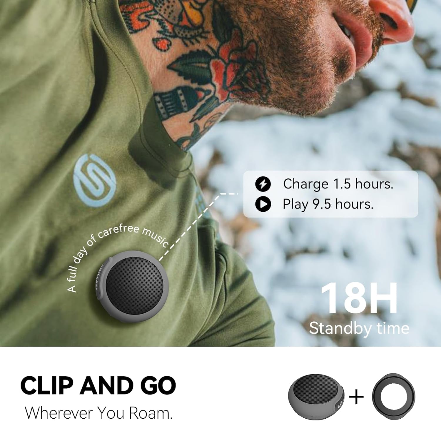 Portable Bluetooth Speakers Wireless Mini Speaker with Enhanced Bass, HD Sound, Wearable Speaker with Microphone, 9.5H Playtime, IPX6 Waterproof for Sports, Outdoor Travel(Gray)