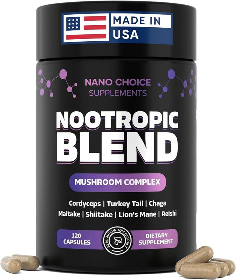 Nano Choice Nootropic Blend - Mushroom Complex Supplement for Brain, Focus, Productivity & Immune Support | Non-Gmo, Vegan, Made in USA | 120 Capsules Fitness Edible Dietary Healthcare
