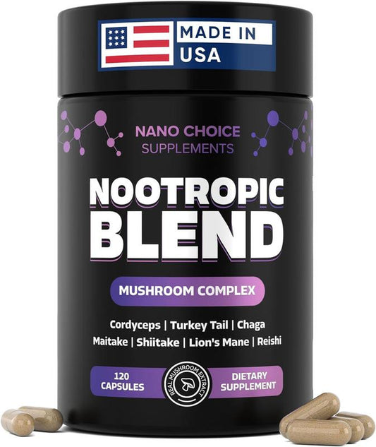 Nano Choice Nootropic Blend - Mushroom Complex Supplement for Brain, Focus, Productivity & Immune Support | Non-Gmo, Vegan, Made in USA | 120 Capsules Fitness Edible Dietary Healthcare