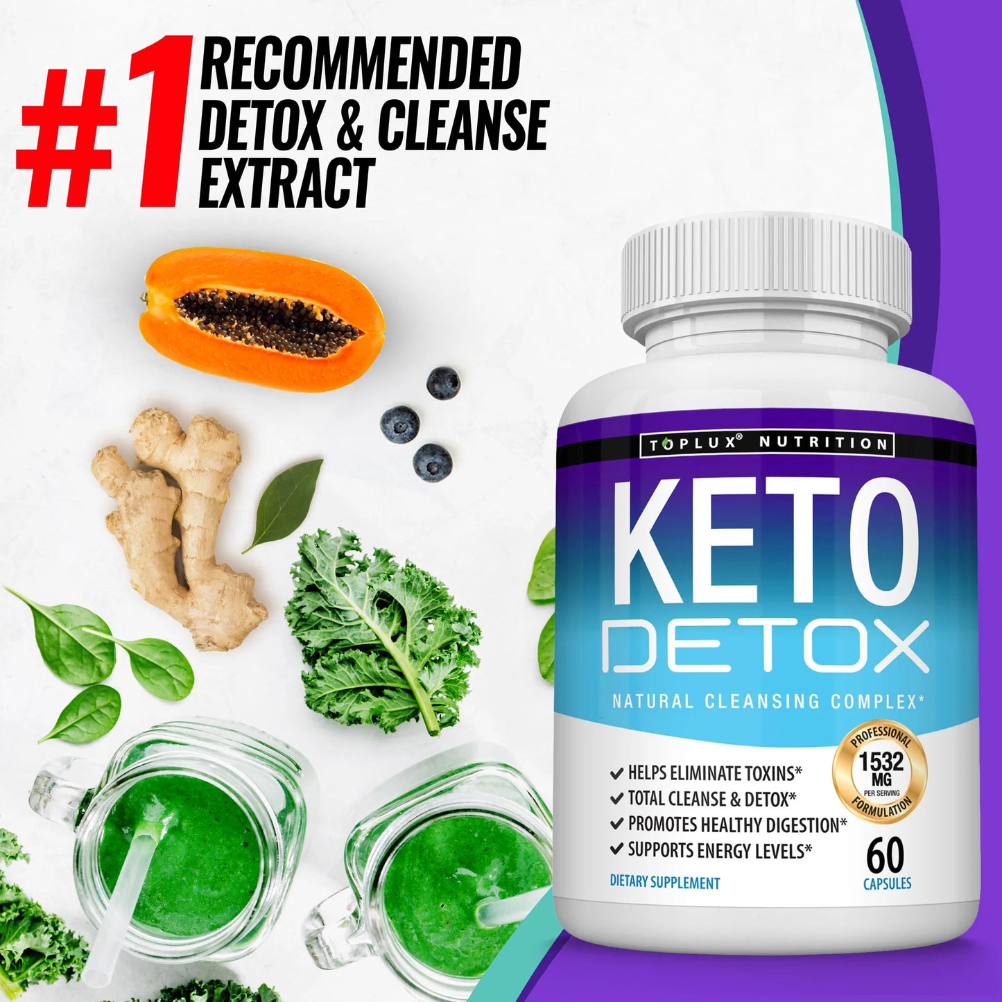 Keto Detox 1532Mg Natural Acai Colon Cleanser for Ketogenic Diet, Flush Toxins & Excess Waste Detox & Cleanse for Men and Women, 60 Capsules