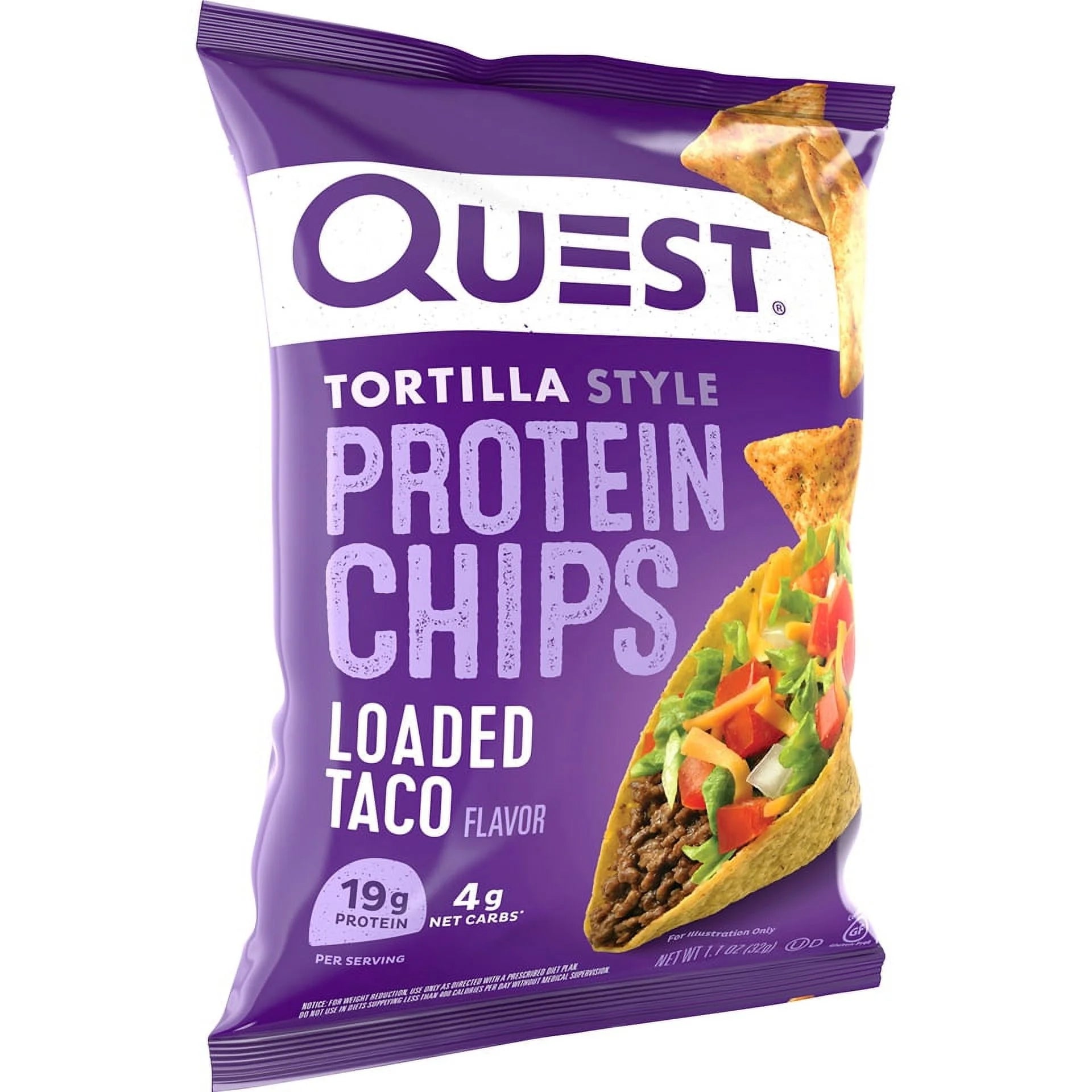 Quest Tortilla Style Protein Chips with 19G of Protein, Loaded Taco Flavor, 1.1 Oz, Single