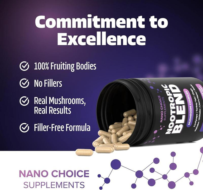 Nano Choice Nootropic Blend - Mushroom Complex Supplement for Brain, Focus, Productivity & Immune Support | Non-Gmo, Vegan, Made in USA | 120 Capsules Fitness Edible Dietary Healthcare